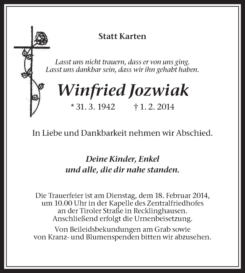  Traueranzeige für Winfried Jozwiak vom 15.02.2014 aus Medienhaus Bauer
